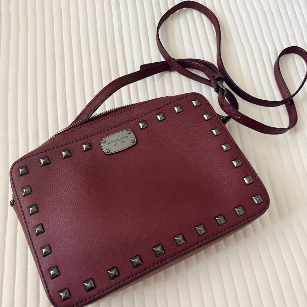 Michael Kors Sandrine Dark Red Studded affine Leather Crossbody Bag - Picture 3 of 3
